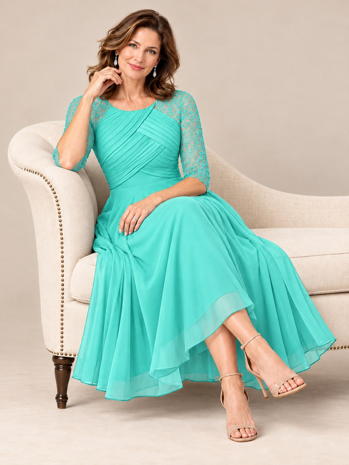 Tea-Length Mother of the Bride Dress with Lace 3/4 Sleeves