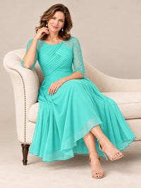 Tea-Length Mother of the Bride Dress with Lace 3/4 Sleeves