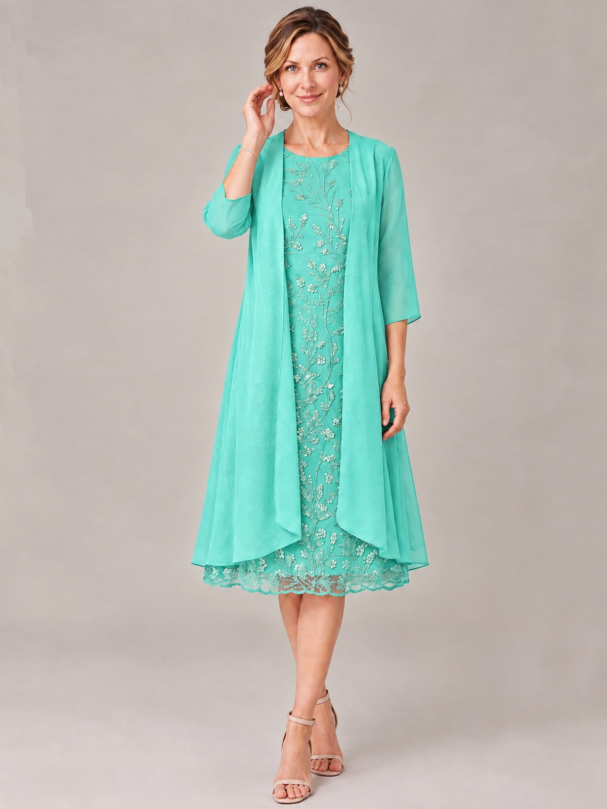 Tea Length Sequin Lace Mother of The Bride Dress with Chiffon Jacket
