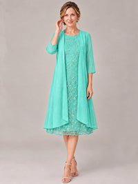 Tea Length Sequin Lace Mother of The Bride Dress with Chiffon Jacket