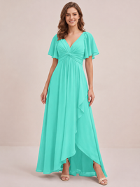 Dusty Blue Chiffon Bridesmaid Dress with Flutter Sleeves & High-Low Hem