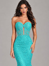 Strapless Corset Mermaid Prom Dress Lace Appliqué Formal Gown