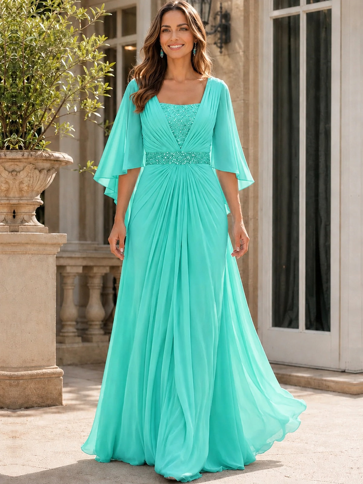 Elegant V-Neck Sequined Chiffon Mother of the Bride Dress with Flutter Sleeves