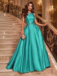 Satin A-Line Prom Dress Sleeveless Beaded Waist Formal Gown with Pockets