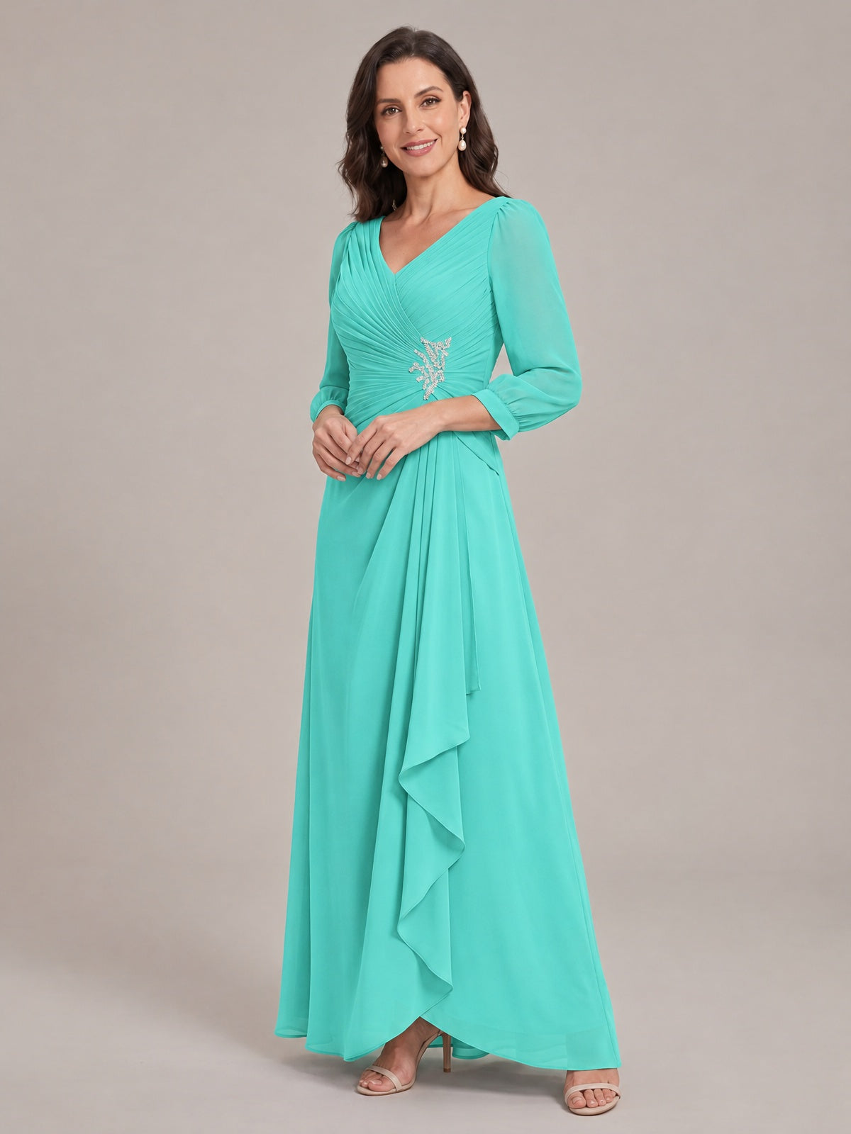 V-Neck Pleated Chiffon Mother of the Bride Dress with Flutter Sleeves