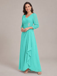 V-Neck Pleated Chiffon Mother of the Bride Dress with Flutter Sleeves