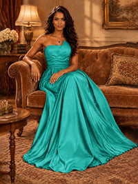 Draped Satin Prom Dress Strapless A-line Formal Dress Floor Length