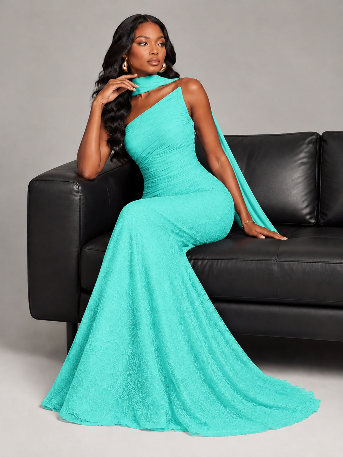 Pleated Chiffon Lace Prom Dresses Long Bodycon Mermaid with Scarf