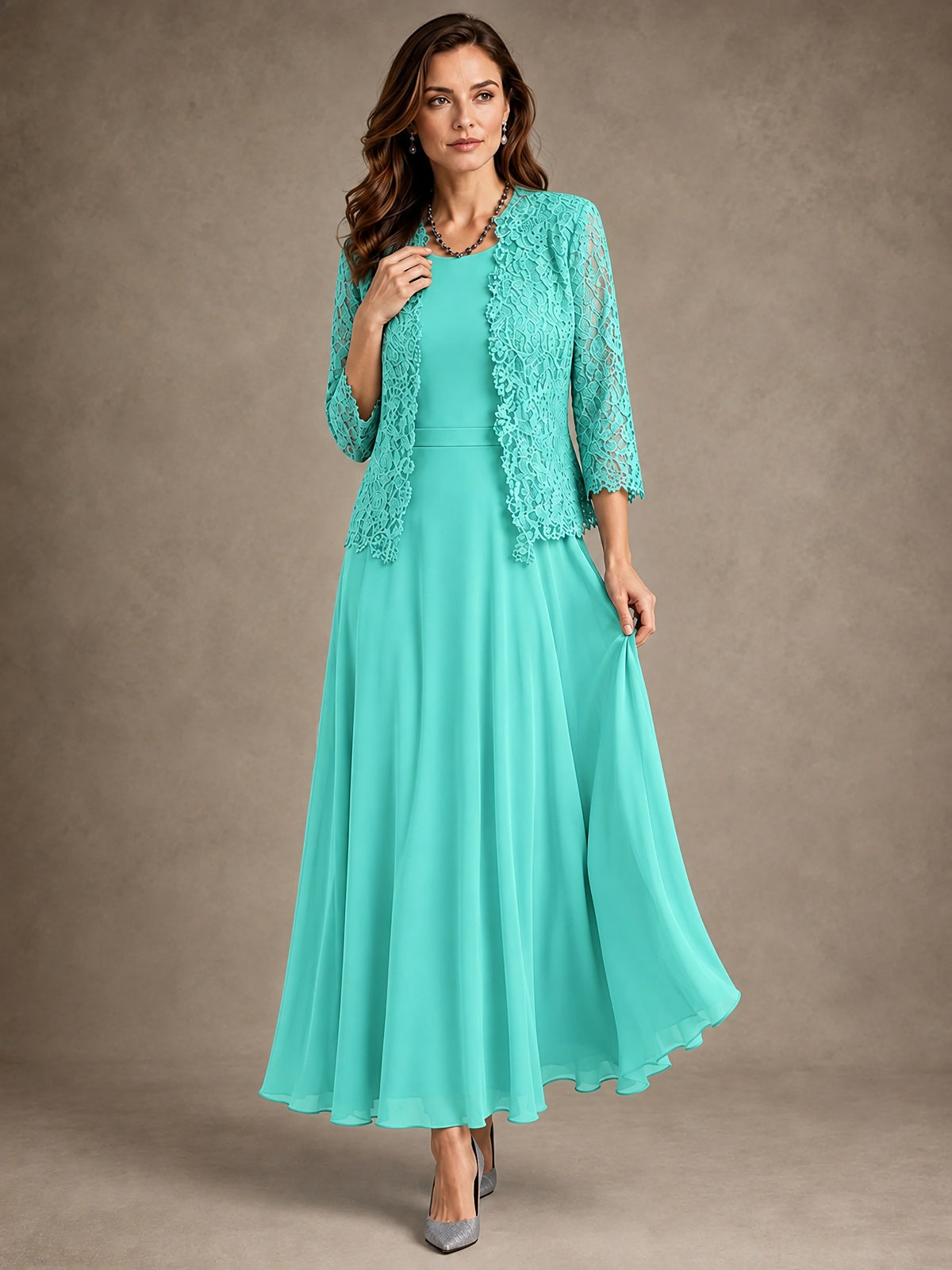 2-Piece Chiffon Mother of the Bride Dress with Lace Jacket
