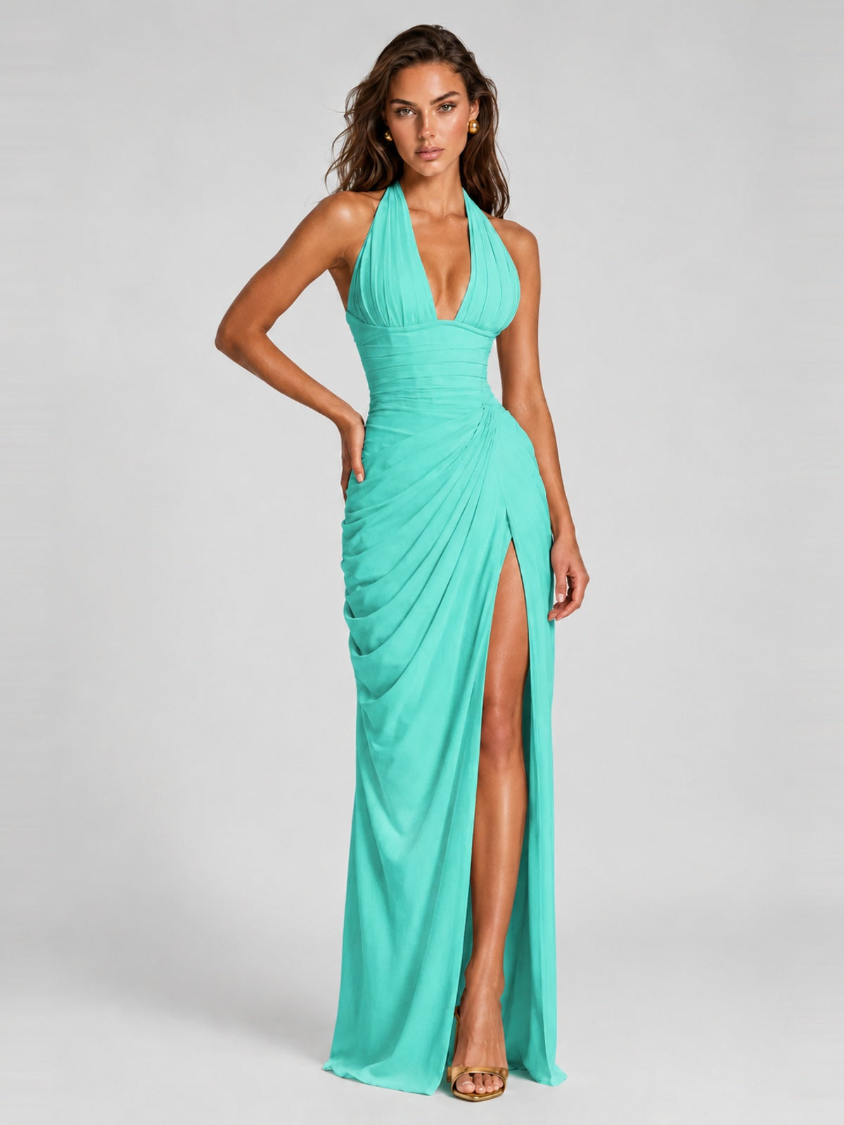 Ruched Halter Neck High-Slit Prom & Evening Dress