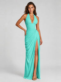 Ruched Halter Neck High-Slit Prom & Evening Dress