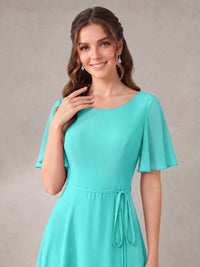 Scoop Neck A-line Chiffon Bridesmaid Dress with Flutter Sleeve & Belt