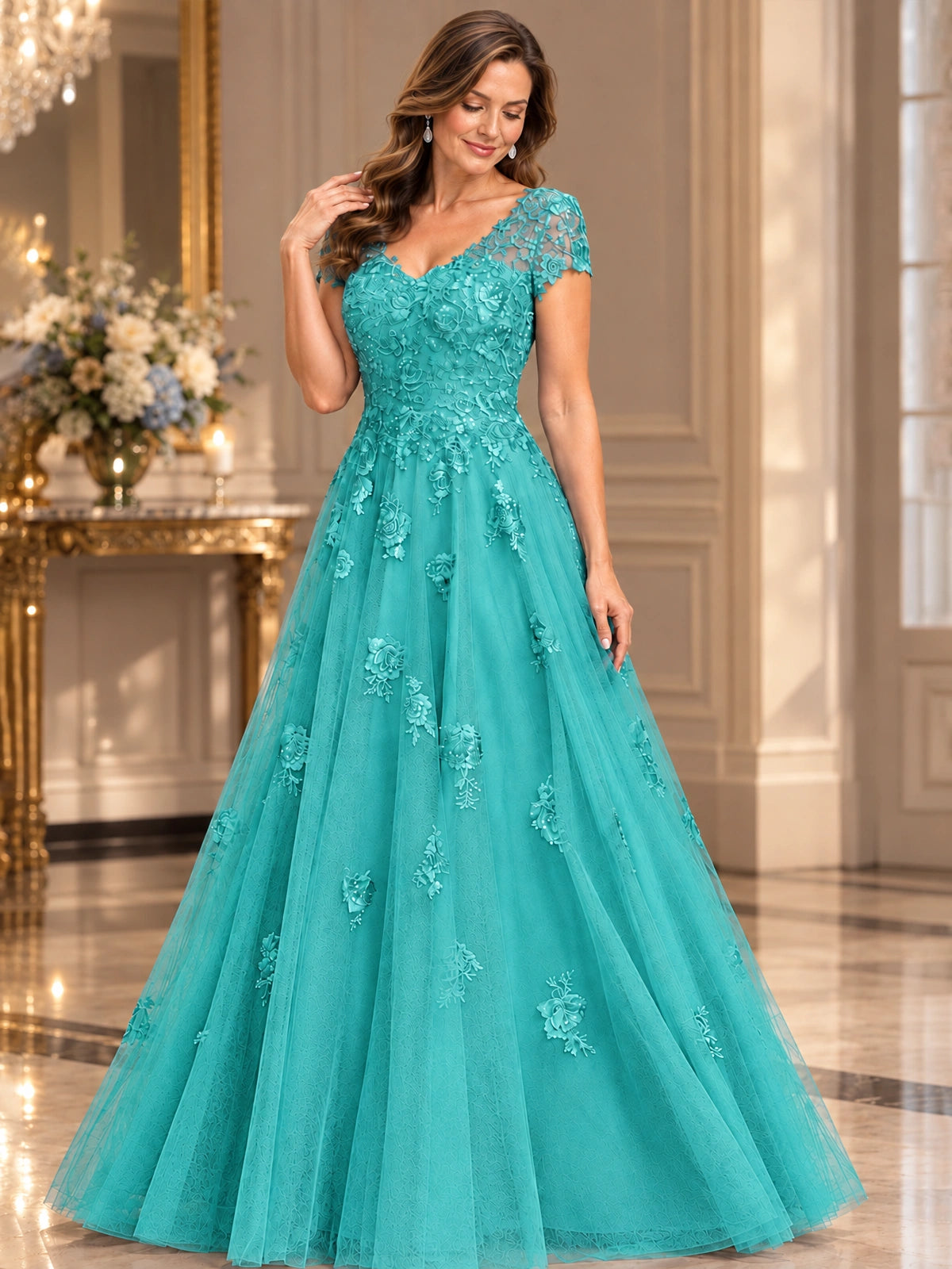 Lace Appliques A-line Mother of The Bride Dresses with Short Sleeves