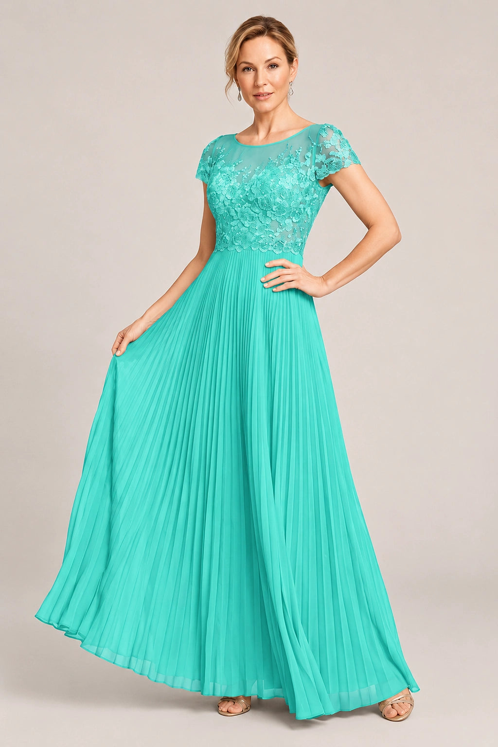 Embroidered Lace Pleated Mother of the Bride Dress