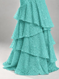 Halter Tiered Mermaid Prom Dress with Sparkly Lace