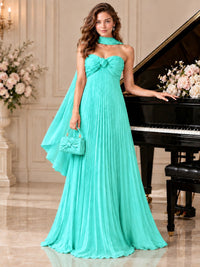 Sweetheart Neckline Pleated Prom Dress Strapless A-line Formal Dress with Flowy Scarf