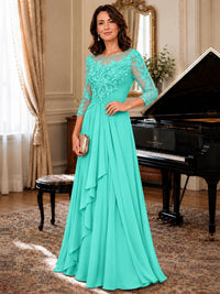 A-Line Chiffon Mother of the Bride Dress with Floral Applique 3/4 Sleeves