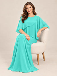 Cape Sleeve Mother of the Bride Dress with Asymmetrical Overlay