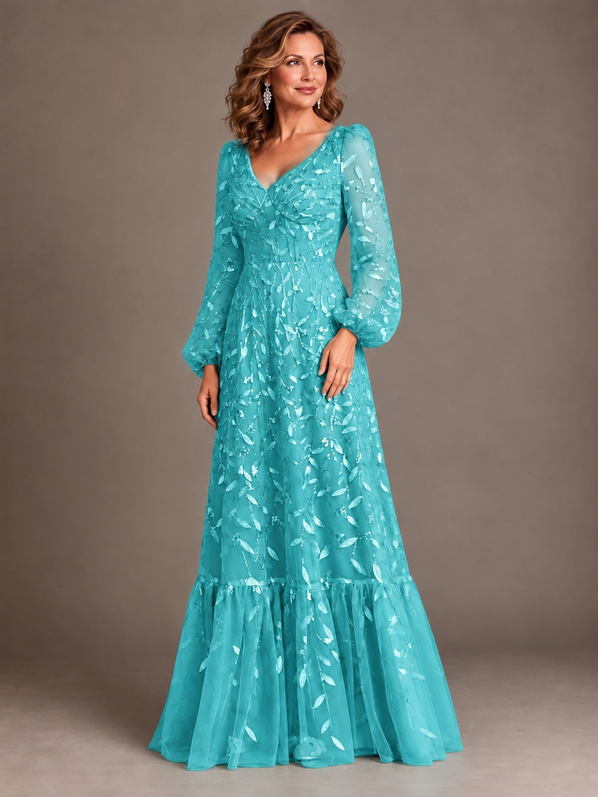 Floral Sequin Embroidered A-Line Mother of the Bride Dress with Long Sleeves