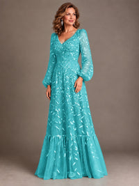 Floral Sequin Embroidered A-Line Mother of the Bride Dress with Long Sleeves