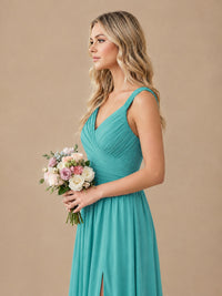 Pleated Chiffon V Neck Wedding Bridesmaid Dresses Floor Length with Slit