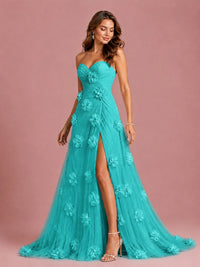 3D Floral Applique Strapless Tulle Prom Dress with High Slit