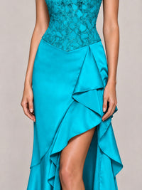 Strapless Lace Appliques Corset Satin Prom Dress Ruffle Slit Evening Gown