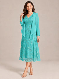 Tea Length Sequin Lace Mother of the Bride Dress with Chiffon Jacket