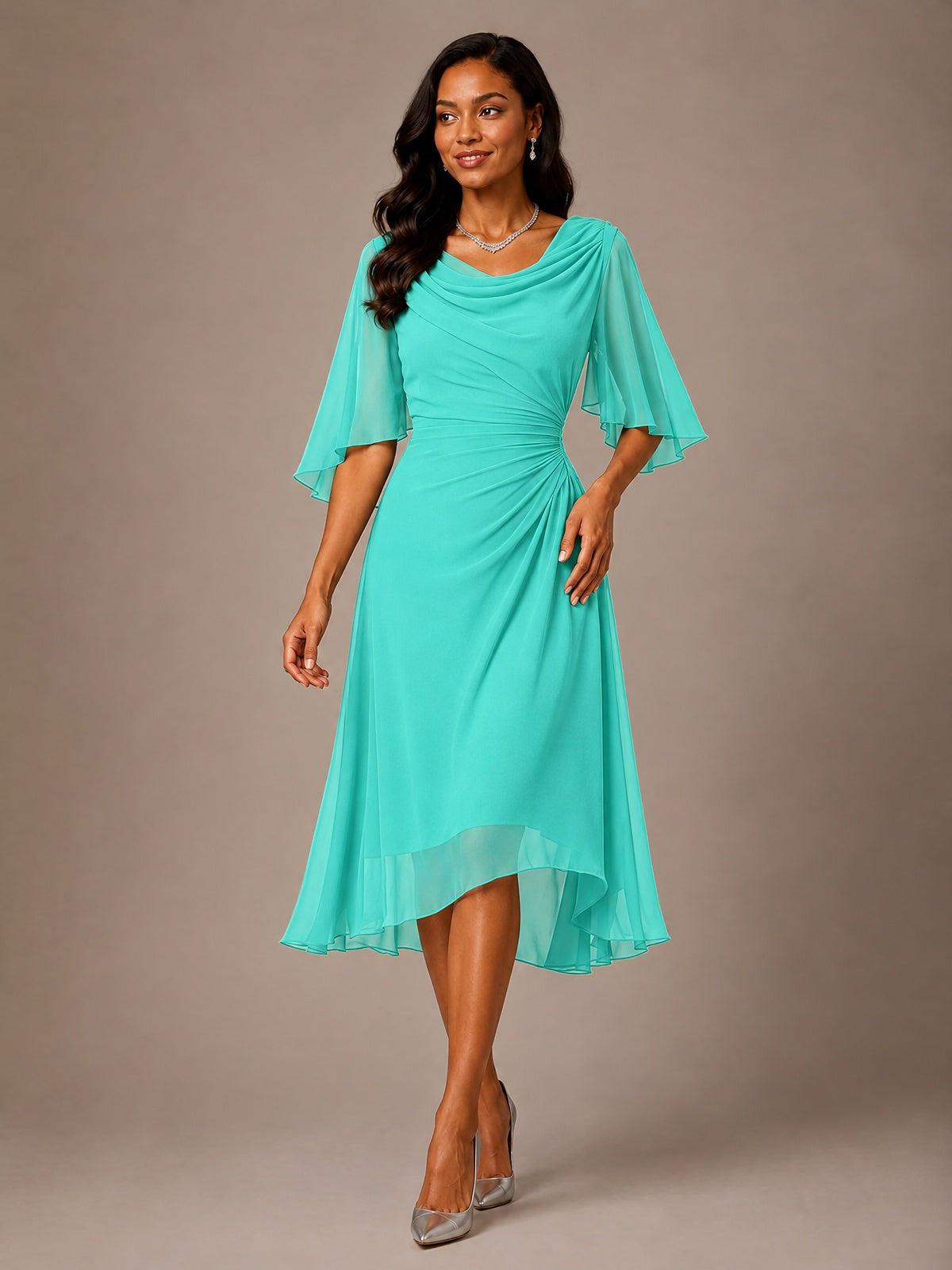 Cowl Neck Ruched Chiffon Mother of the Bride Dresses with Flutter Sleeves