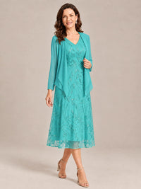 Tea Length Sequin Lace Mother of the Bride Dress with Chiffon Jacket