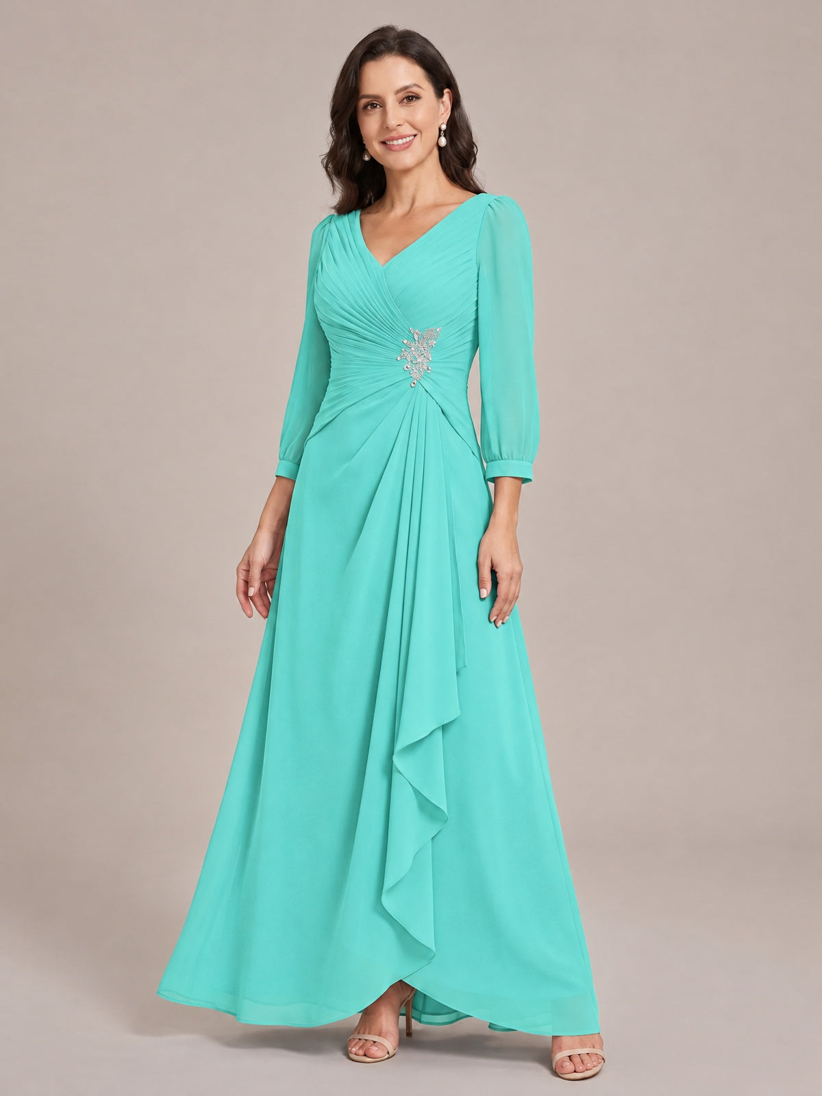 V-Neck Pleated Chiffon Mother of the Bride Dress with Flutter Sleeves