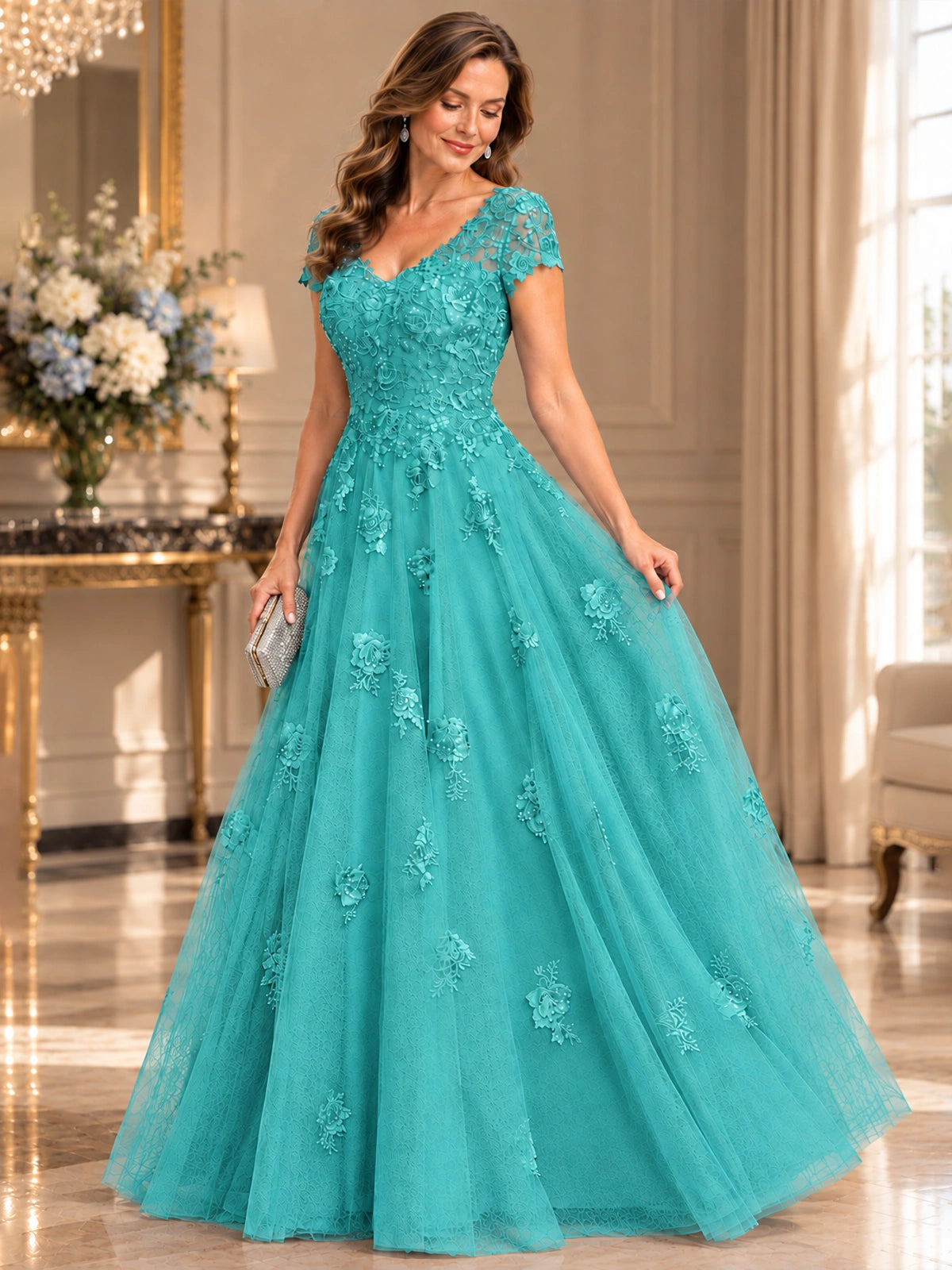 Lace Appliques A-line Mother of The Bride Dresses with Short Sleeves