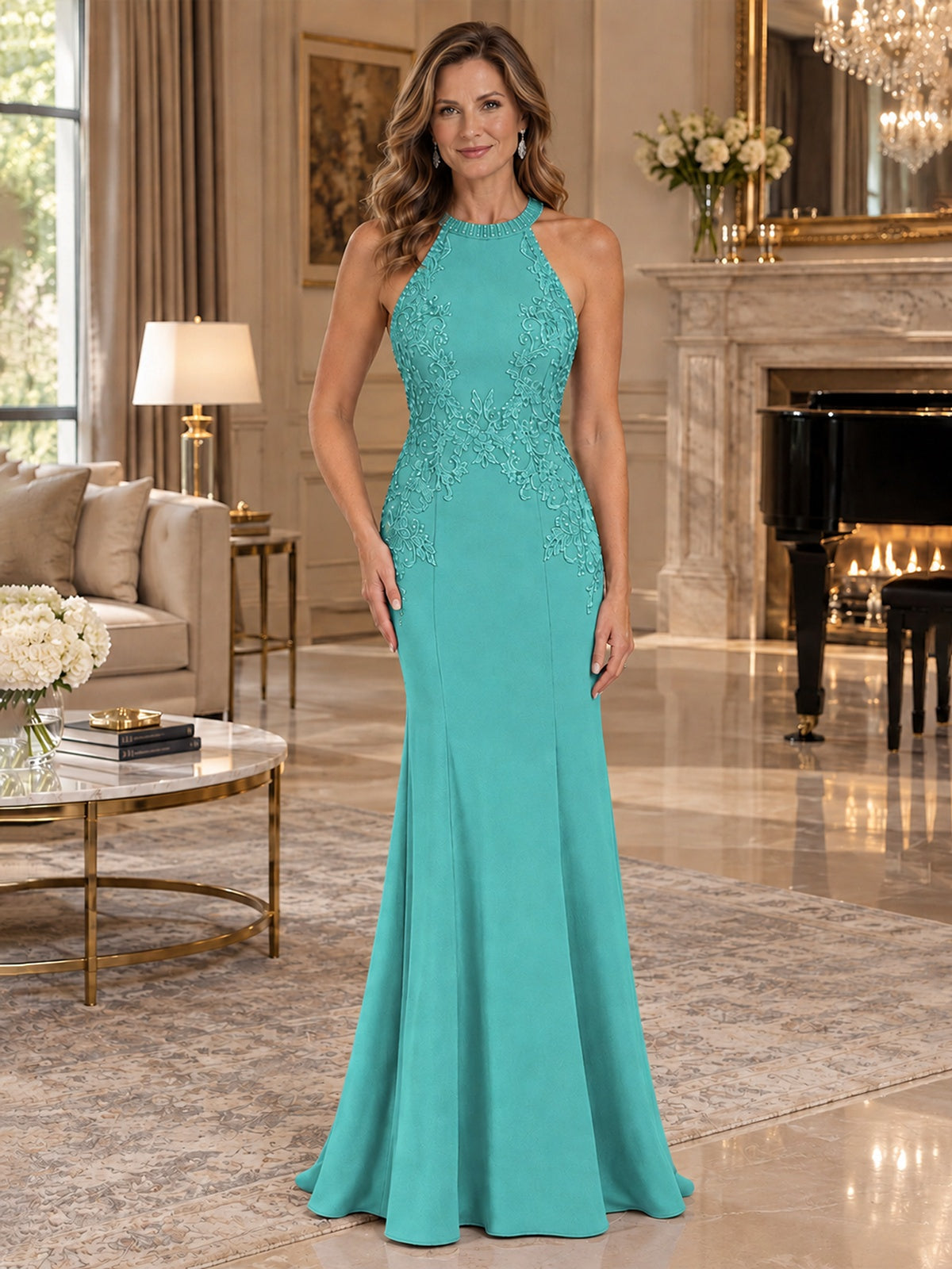 Halter Neckline Lace Appliques Mother of The Bride Dresses