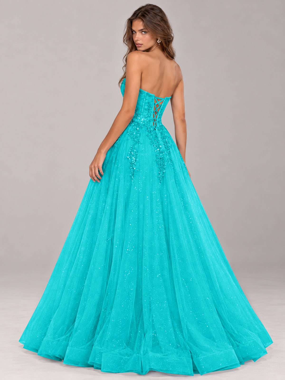 Strapless Sweetheart Beaded Corset Glitter Tulle Ball Gown Prom Dress