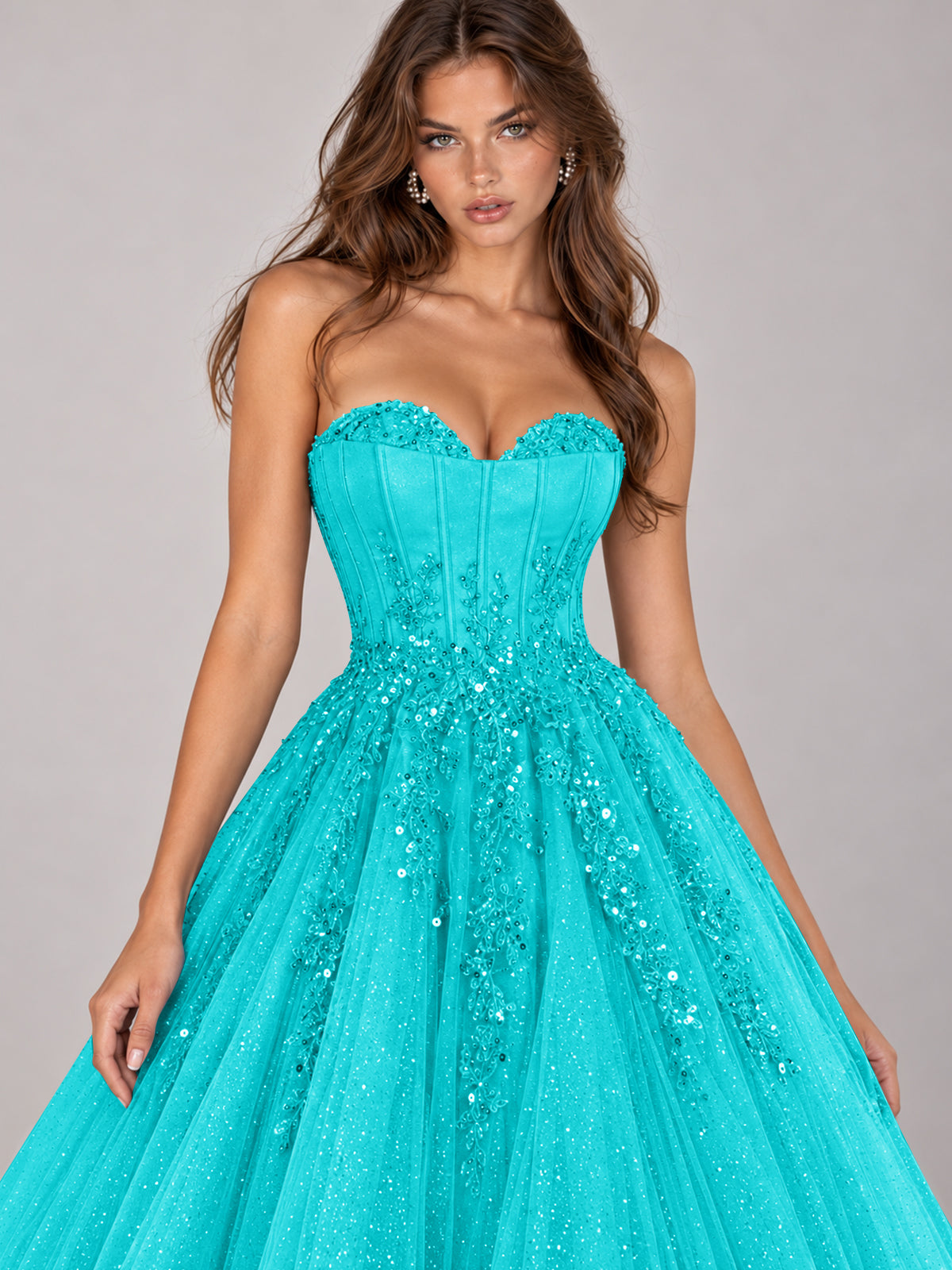 Strapless Sweetheart Beaded Corset Glitter Tulle Ball Gown Prom Dress