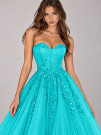 Strapless Sweetheart Beaded Corset Glitter Tulle Ball Gown Prom Dress