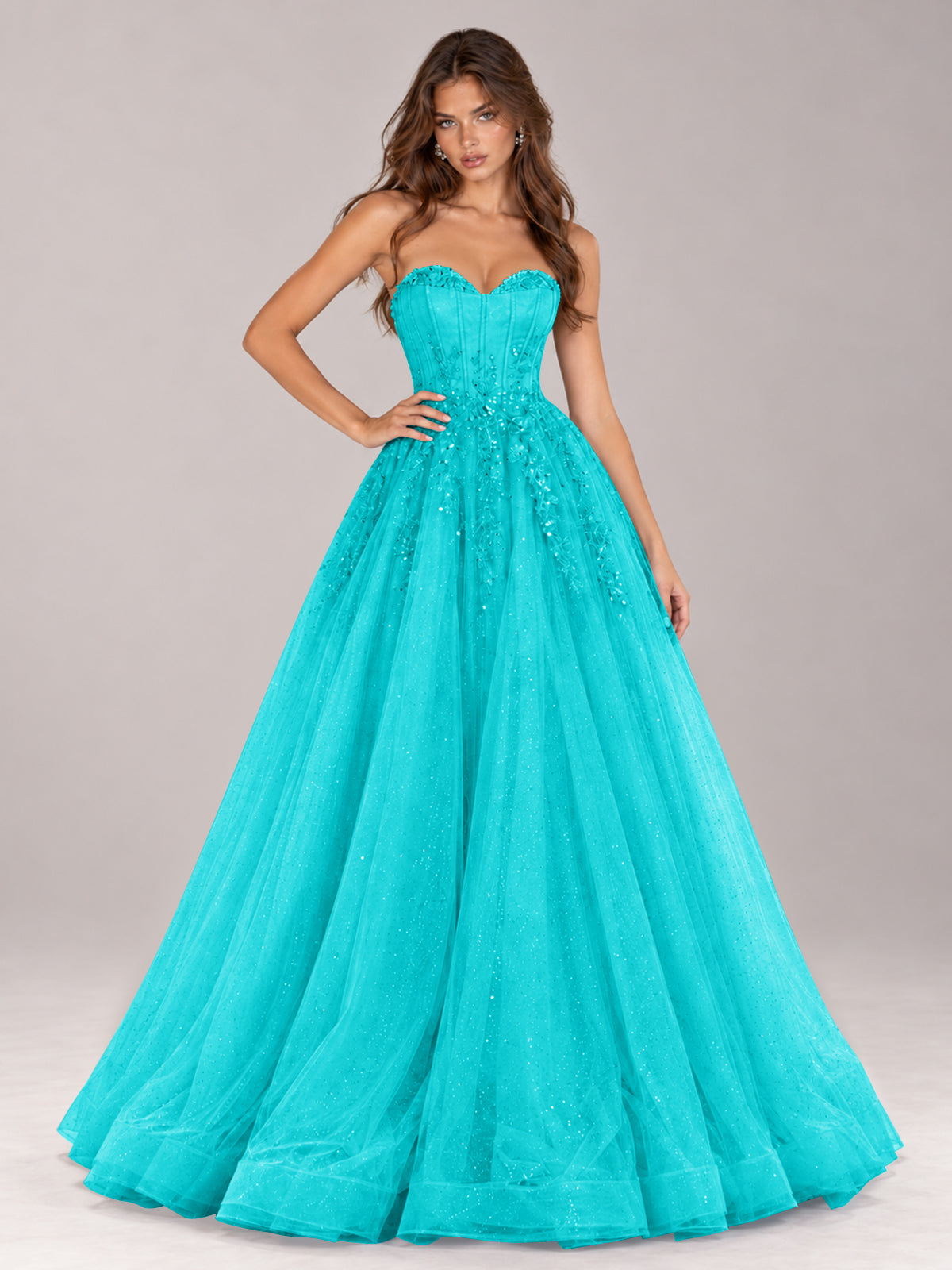 Strapless Sweetheart Beaded Corset Glitter Tulle Ball Gown Prom Dress