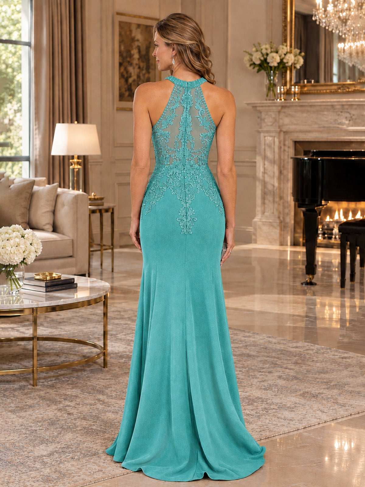 Halter Neckline Lace Appliques Mother of The Bride Dresses