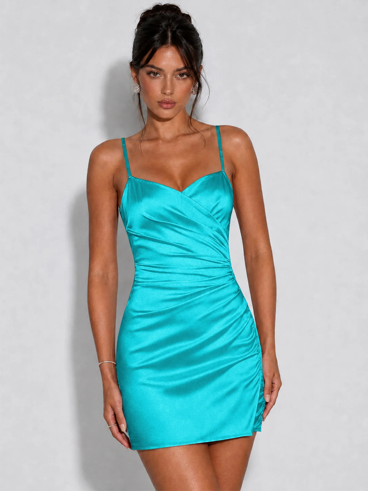 Satin Ruched Spaghetti Strap Homecoming Dress