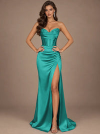 Dusty Blue Strapless Lace Corset Prom Dress with High Slit