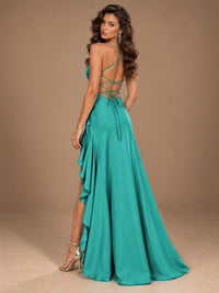 Burgundy Spaghetti Strap Ruched Prom Dress with Ruffled High Slit