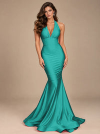 Pink Halter Deep V-Neck Ruched Mermaid Prom Dress