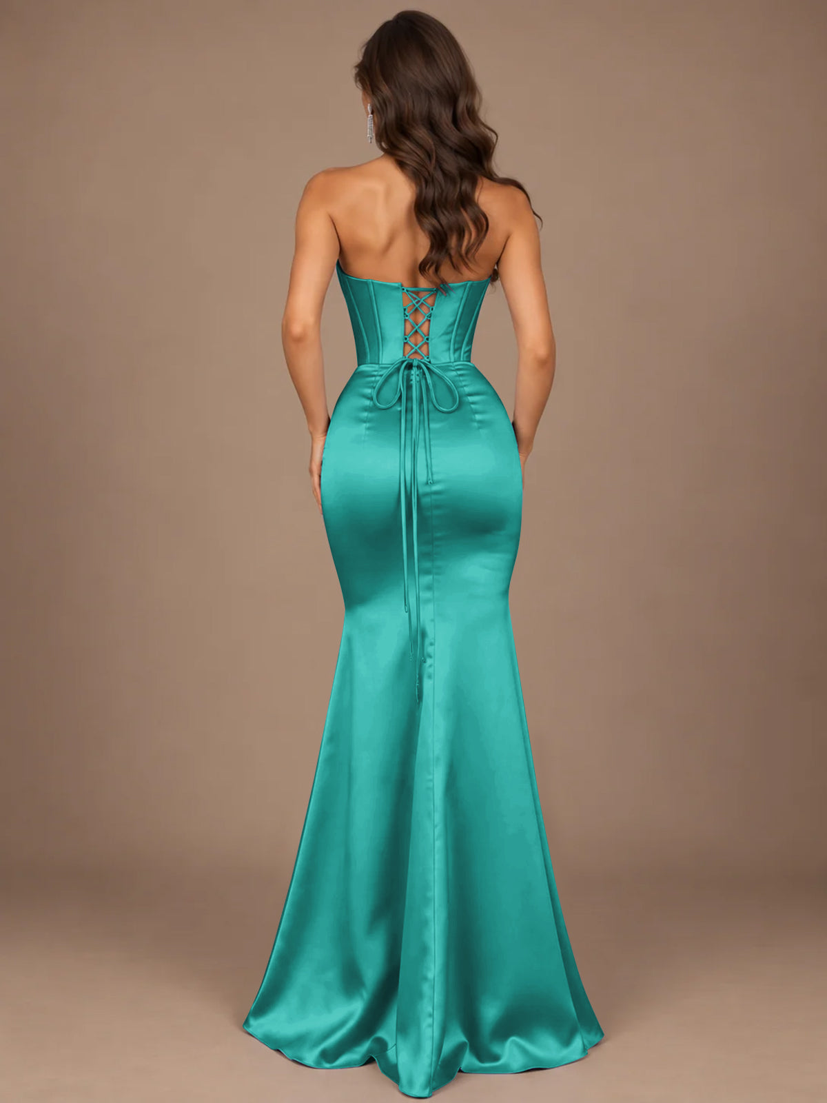 Dusty Blue Strapless Lace Corset Prom Dress with High Slit