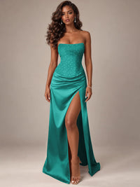 Burgundy Strapless Sparkly Corset Prom Dress with High Slit