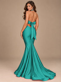 Pink Halter Deep V-Neck Ruched Mermaid Prom Dress