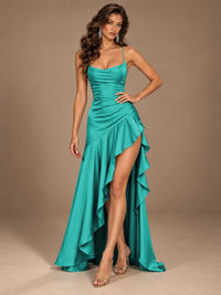 Burgundy Spaghetti Strap Ruched Prom Dress with Ruffled High Slit