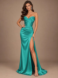 Dusty Blue Strapless Lace Corset Prom Dress with High Slit