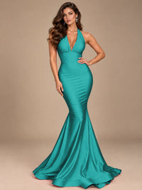 Pink Halter Deep V-Neck Ruched Mermaid Prom Dress