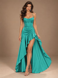 Burgundy Spaghetti Strap Ruched Prom Dress with Ruffled High Slit