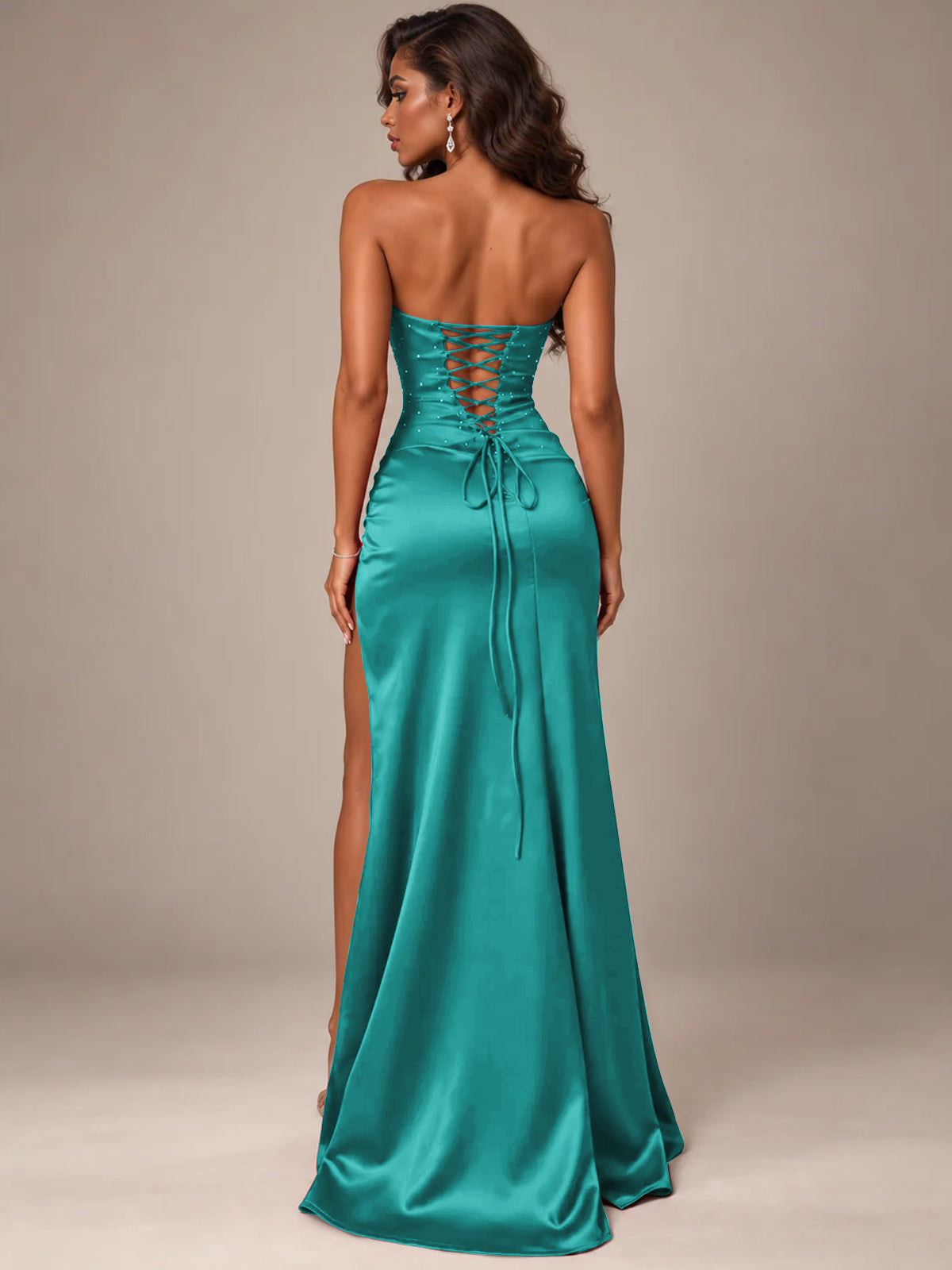 Burgundy Strapless Sparkly Corset Prom Dress with High Slit
